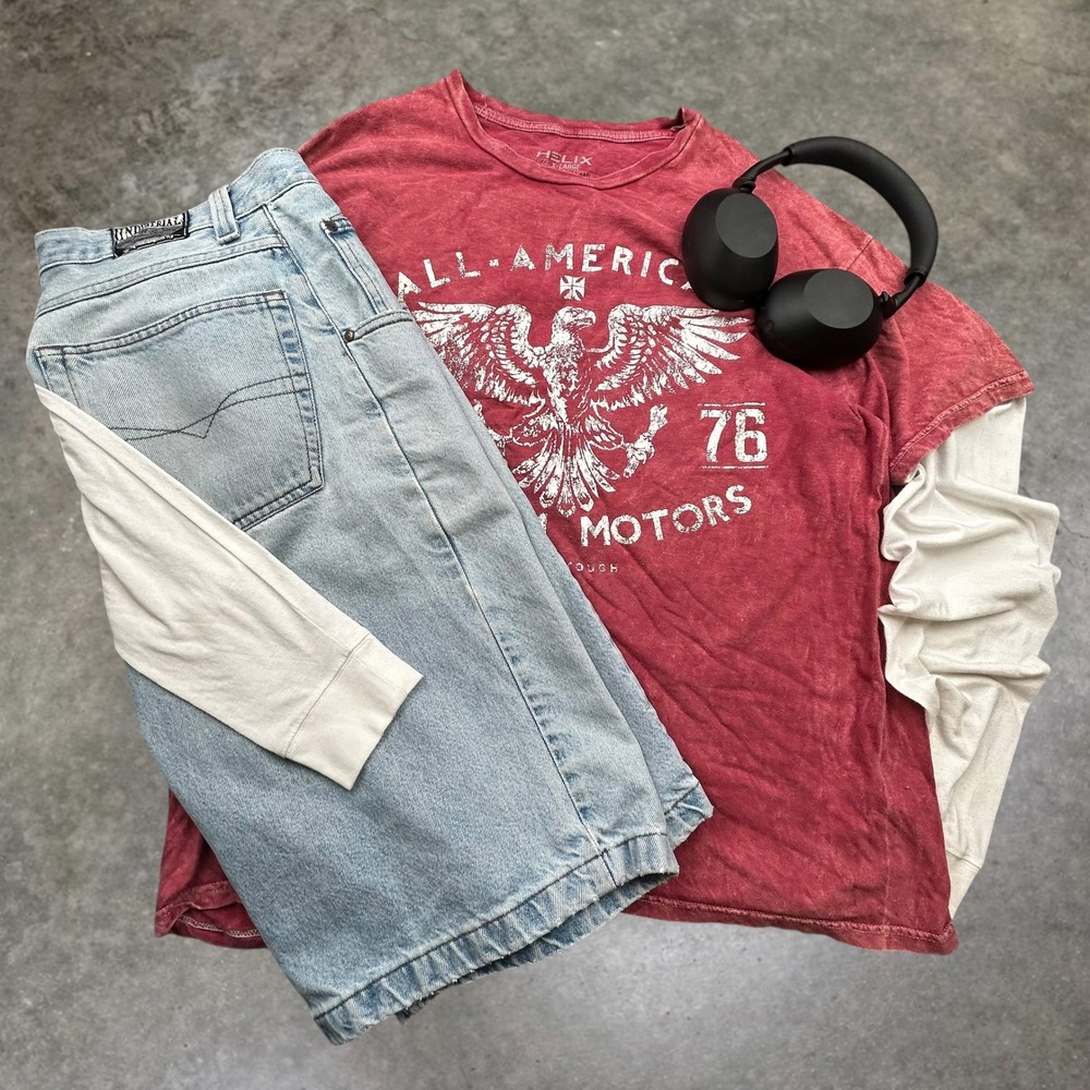 Helix Mens XL All-American Custom Motors Eagle Graphic Tee Acid Wash Burgundy
